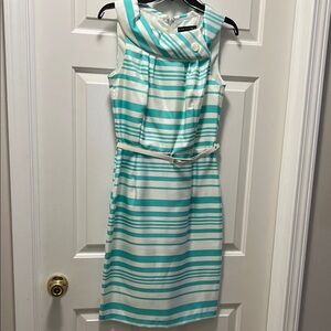 Calvin Klein Aqua and White Striped Midi Dress